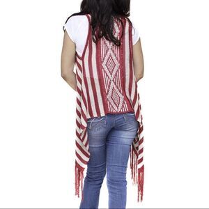 Red White Tribal Stripes High Low Open Fringe Trim Boho Kimono Duster Vest NEW